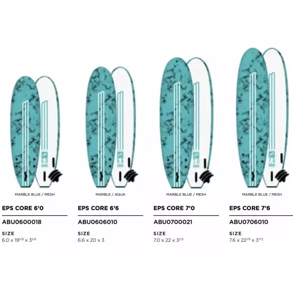 Tabelle von surf soft board MDNS Eps Core