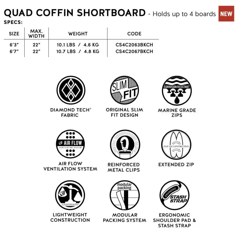 Capas de surf Creatures Shortboard Quad Coffin DT2.0 Black Silver