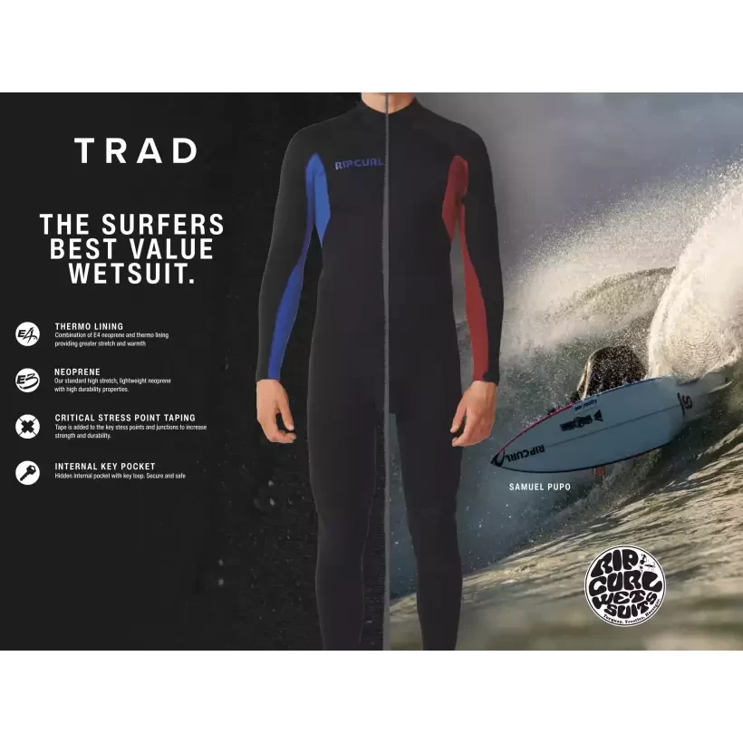 Shorty Rip Curl Trad Flat Lock Back Zip 2/2mm Preto