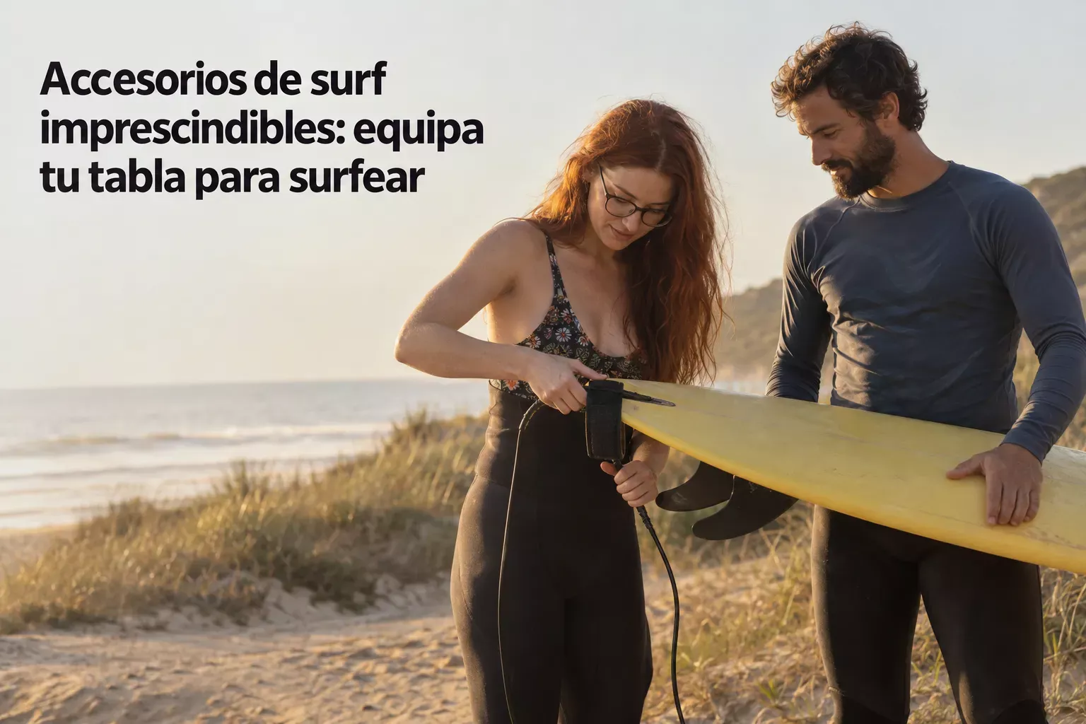 Accesorios de surf imprescindibles: una mujer ajusta la correa de una tabla de surf junto a un hombre en la playa, listo para