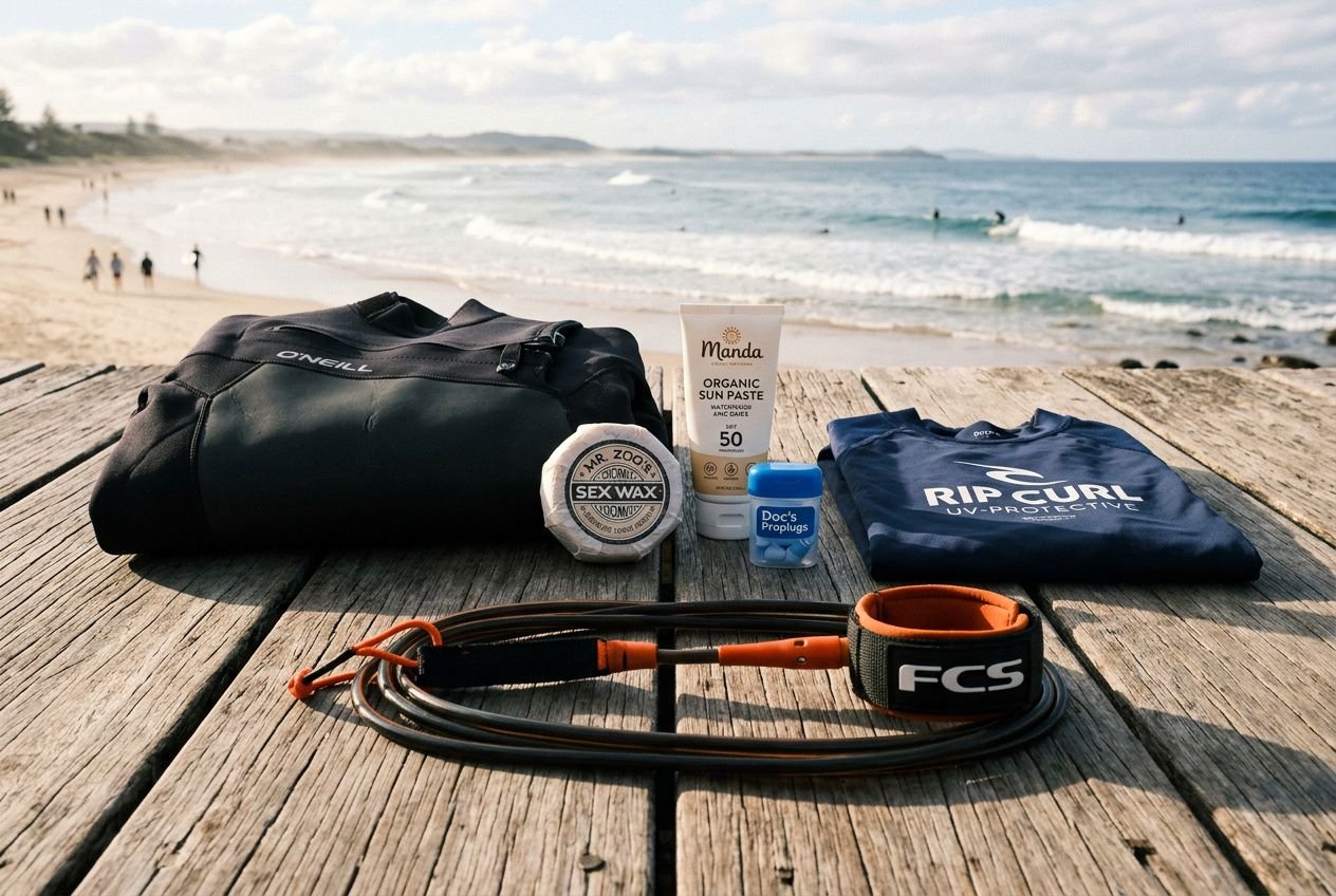 Accessori surf essenziali per principianti: kit su tavola da surf, leash, crema protezione e abbigliamento, disposti su ponte in legno sulla spiaggia.