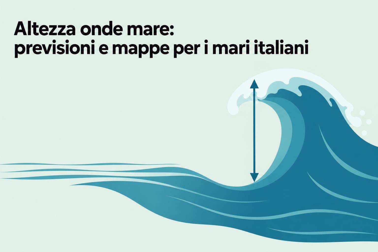 Altezza onde mare raffigurata con grandi onde azzurre e freccia verticale, testo “Altezza onde mare: previsioni e mappe per i
