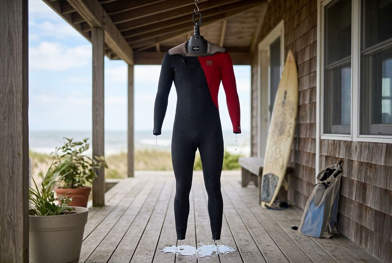 A black and red full-length wetsuit hanging to dry on a hook, coastal porch with surfboard, plants, and seawater in the background. how long do wetsuits last surf.