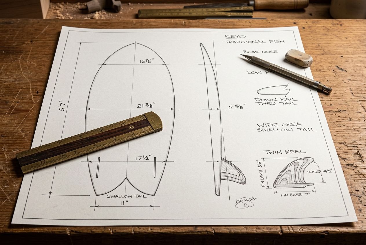 Blueprints of a surfboard fin with measurements, tool ruler, and sketch notes on a workbench. How to measure surfboard fin integrated.