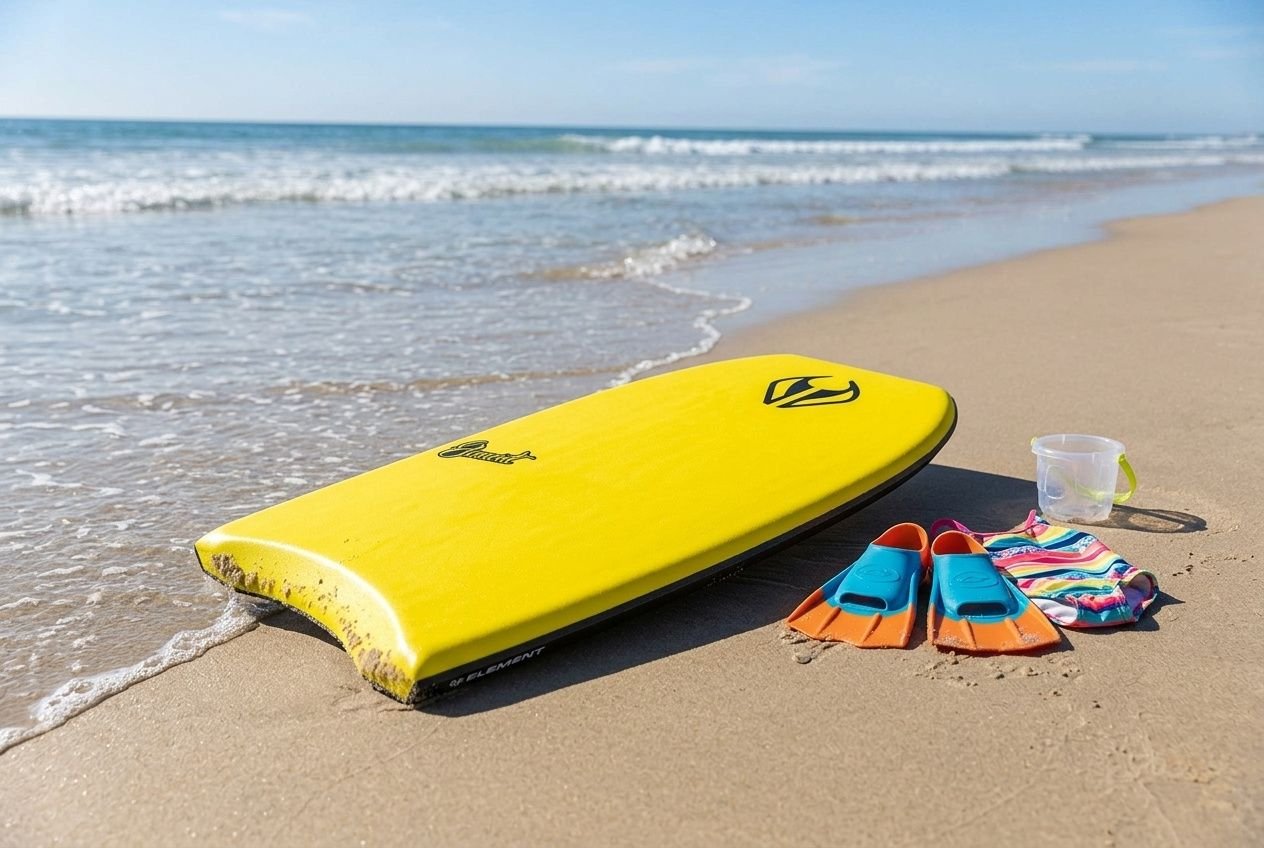 Bodyboard giallo su spiaggia, vicino a pinne colorate e secchiello, pronto per bambini. Integrato: bodyboard per bambini quale scegliere.
