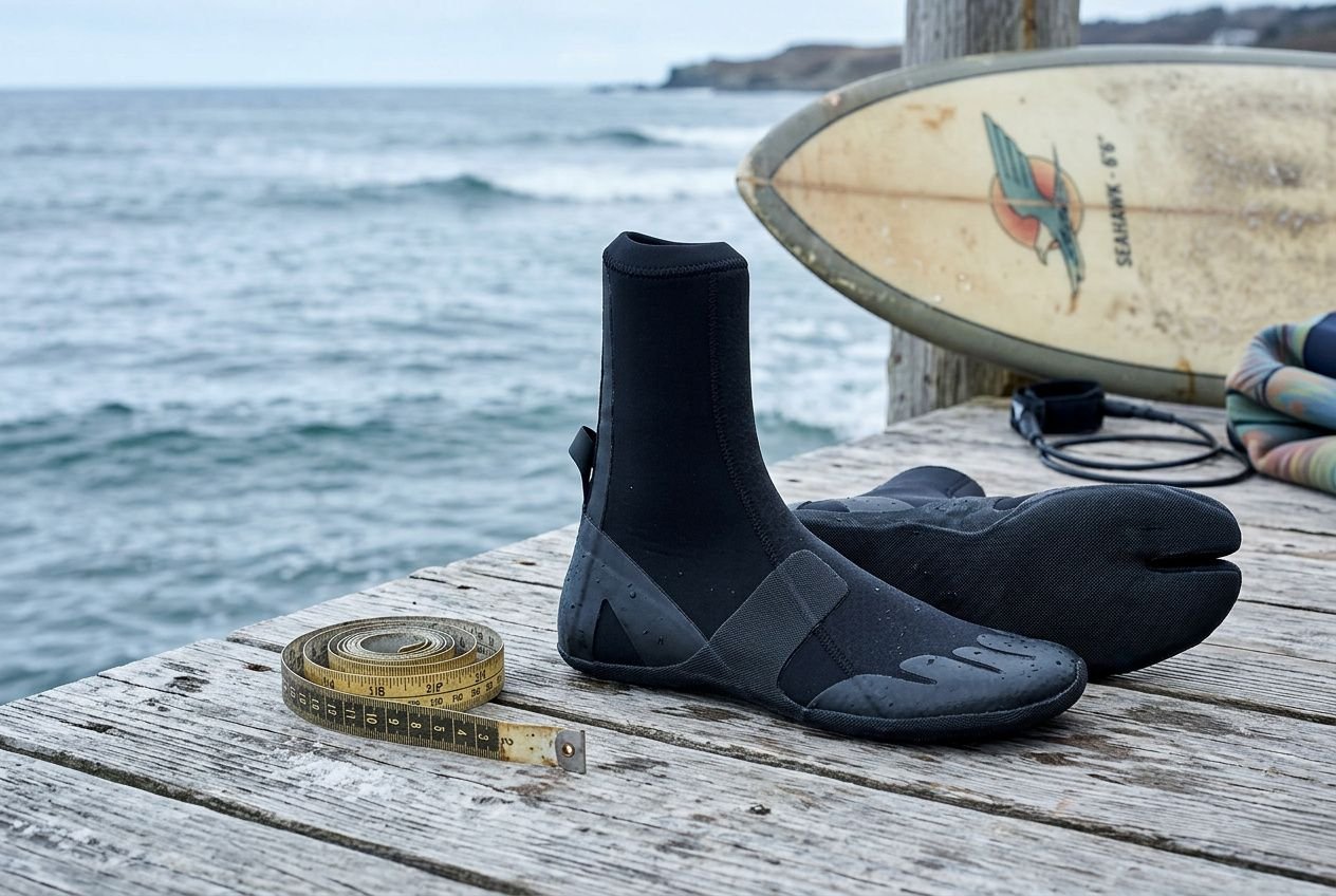 Botas de mergulho pretas com cano curto, tapeçaria elástica, ao lado de uma fita métrica enrolada e uma prancha de surf antiga, numa plataforma junto ao mar. Inclui o contexto do guia de tamanhos calçado.