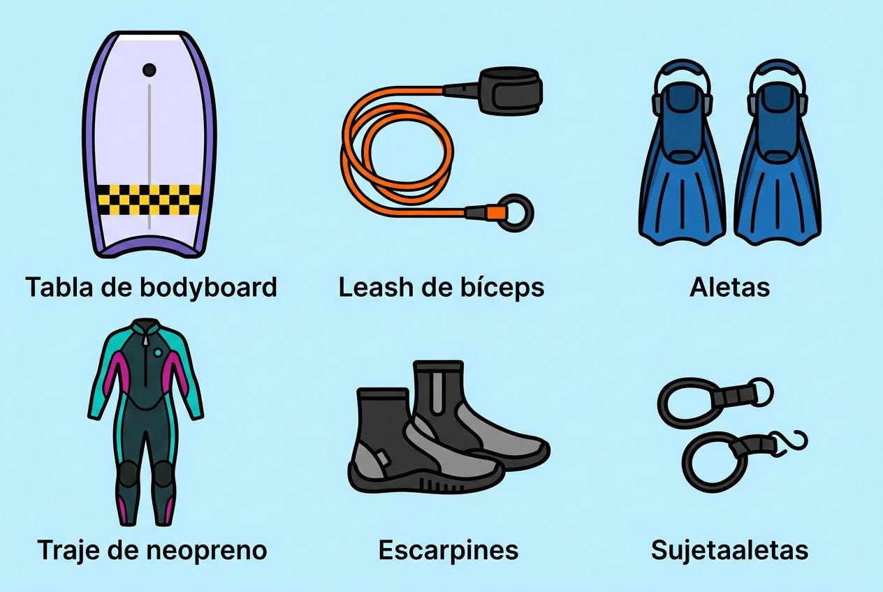 Cartel con equipo básico para comenzar bodyboard: tabla de bodyboard, leash de biceps, aletas, traje de neopreno, botas, escarpines y suje taaletas. Cómo empezar bodyboard.