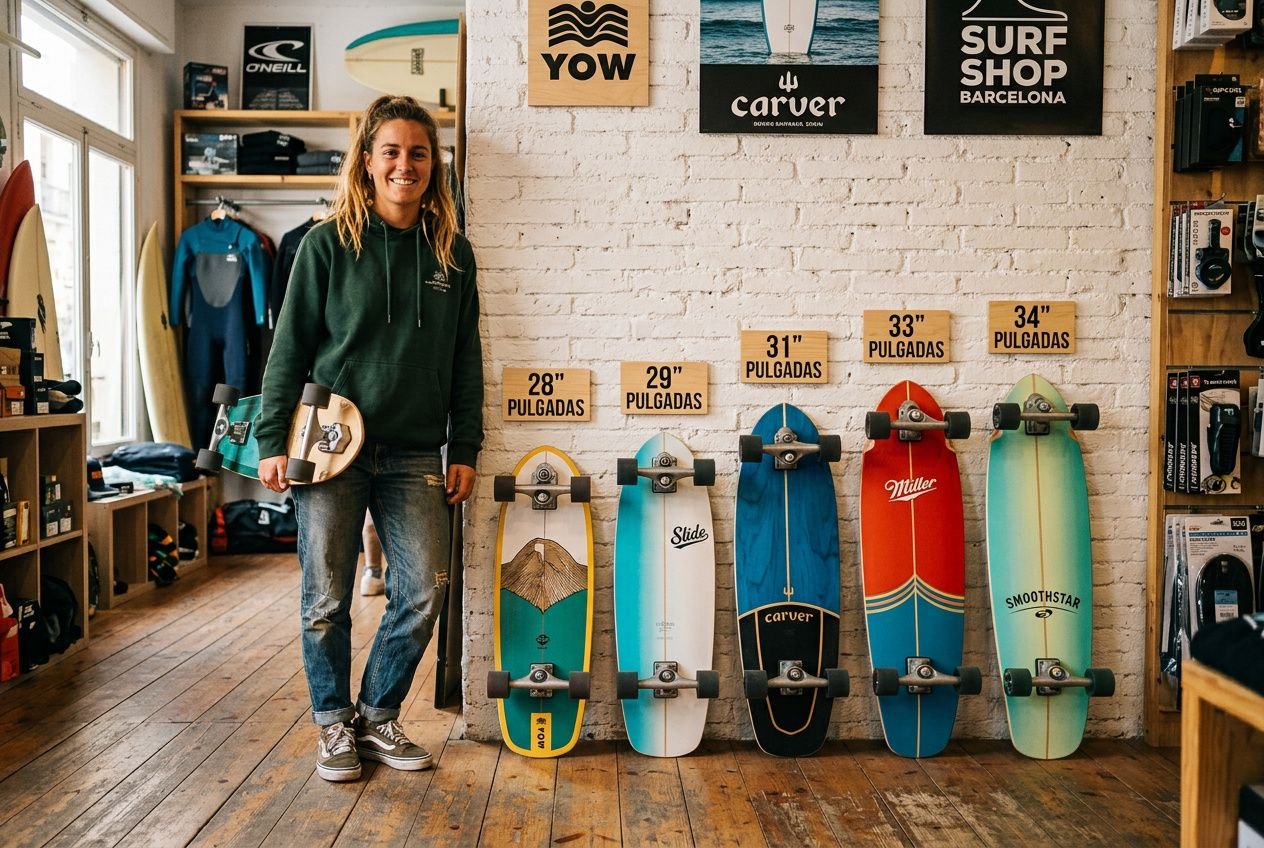 Chica en tienda de surfskate frente a tablas ordenadas por talla; guía para elegir qué medida de surfskate elegir según altura y peso.