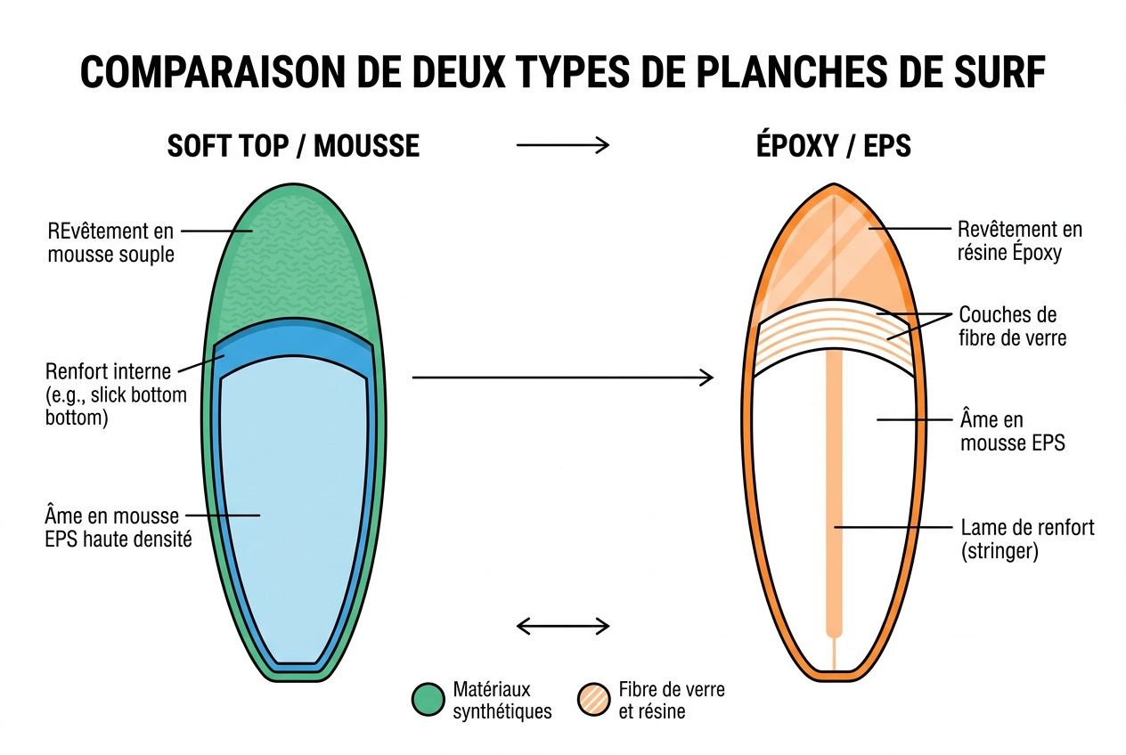 Comparaison de deux types de planches de surf: soft top et époxy/EPS, avec description des couches et matériaux.