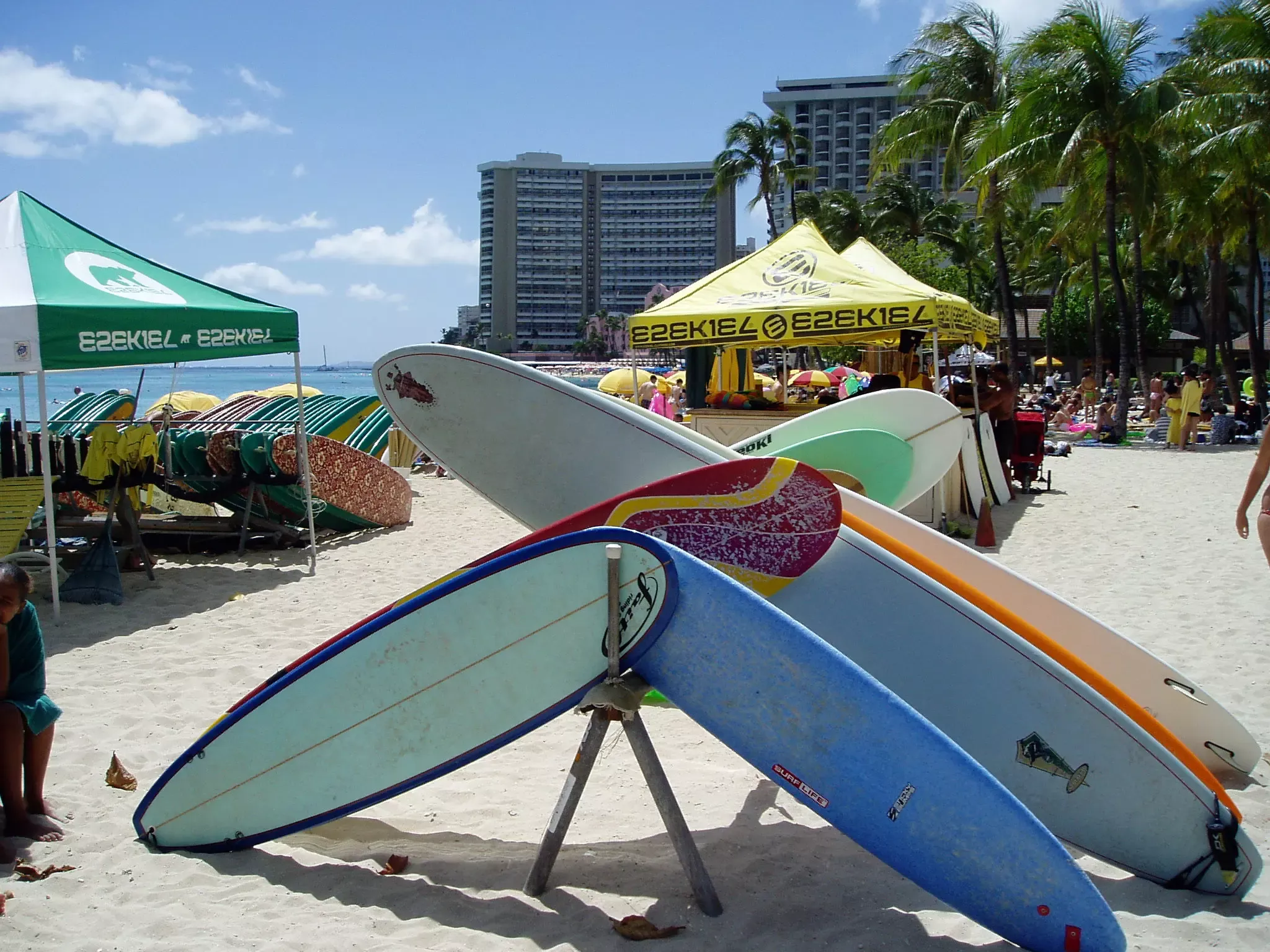 Conjunto de tablas de surf apiladas en la playa sobre un soporte, con quillas y colores vibrantes, palmeras y palmeras al fondo.