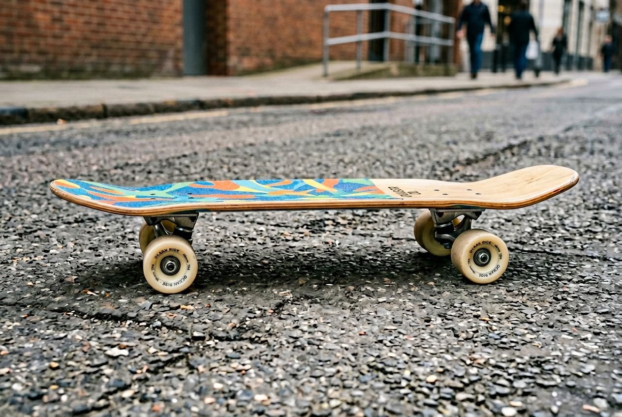 Cruiser skateboard posé sur une chaussée, planche colorée et roulettes crème, cadre urbain en arrière-plan.