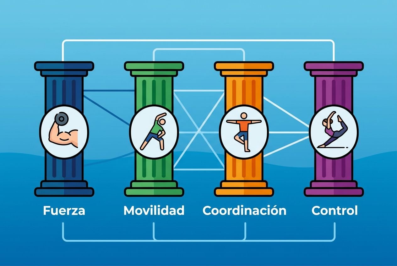Cuatro columnas de colores representan componentes clave: Fuerza, Movilidad, Coordinación y Control, con iconos de ejercicios en cada una. Ideal para ejercicios para mejorar el surf.