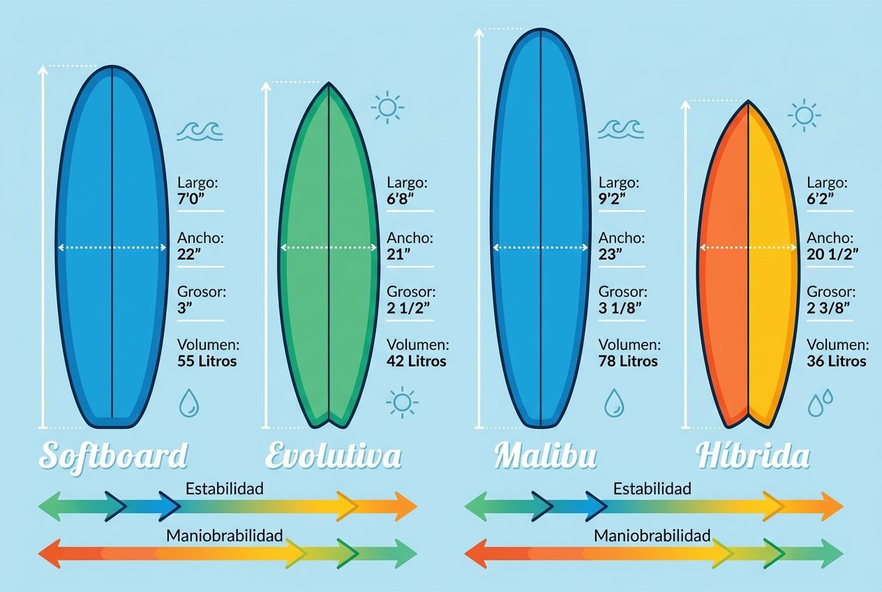 Cuatro tablas de surf estilizadas con medidas y volúmenes: Softboard, Evolutiva, Malibu y Híbrida, que comparan ancho, largo, grosor y volumen, para elegir la mejor tabla de surf para principiantes.
