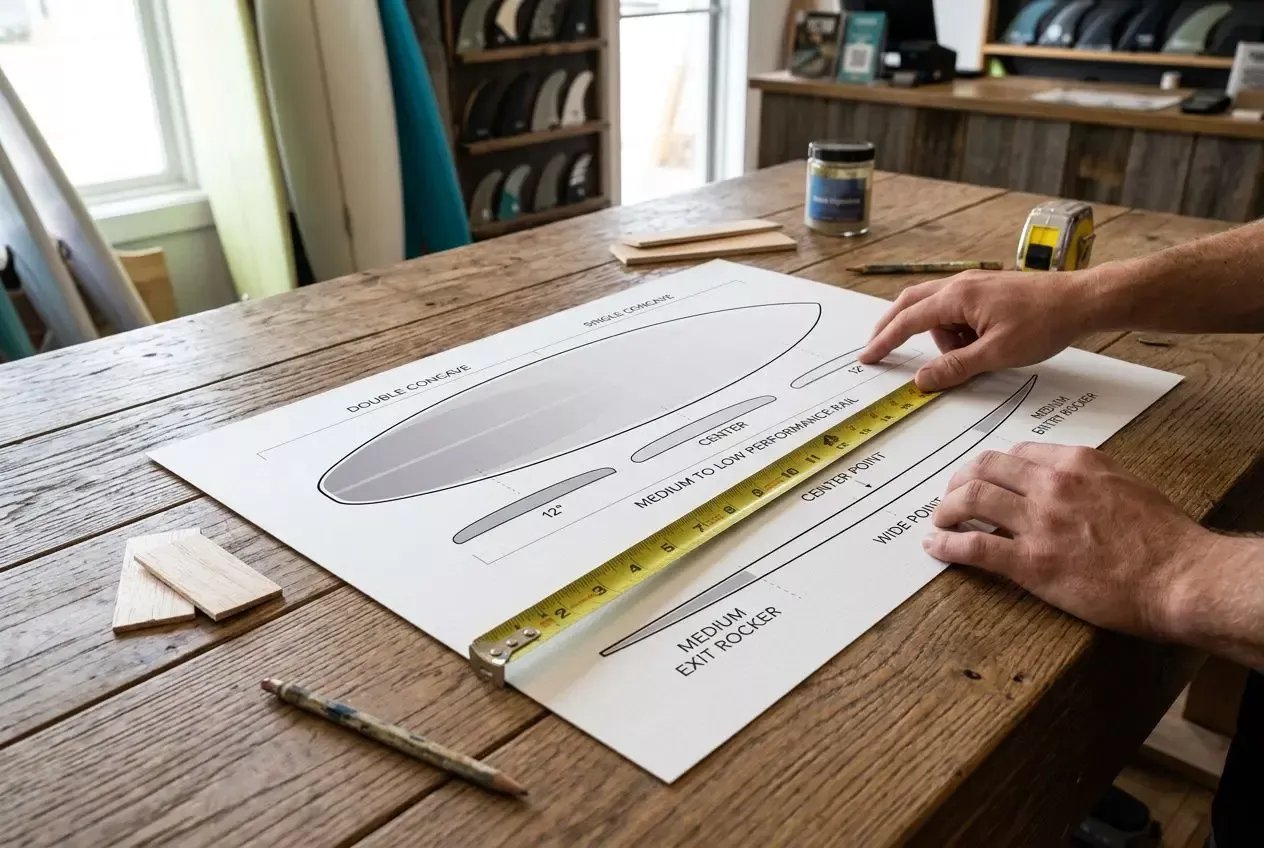 Desenho técnico de prancha de surf sendo medida com fita métrica em bancada de loja, com ferramentas ao redor, sugerindo design de prancha longboard para iniciantes.