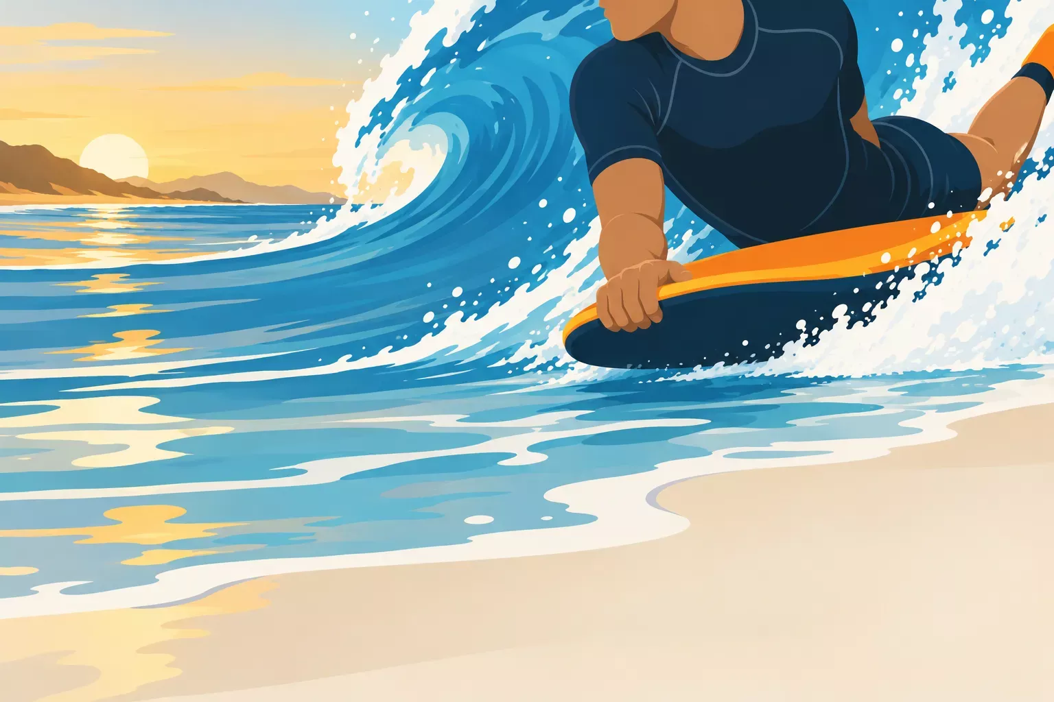 Desportista de bodyboard a deslizar-se numa onda junto à praia ao pôr do sol, segurando a prancha laranja enquanto faz uma