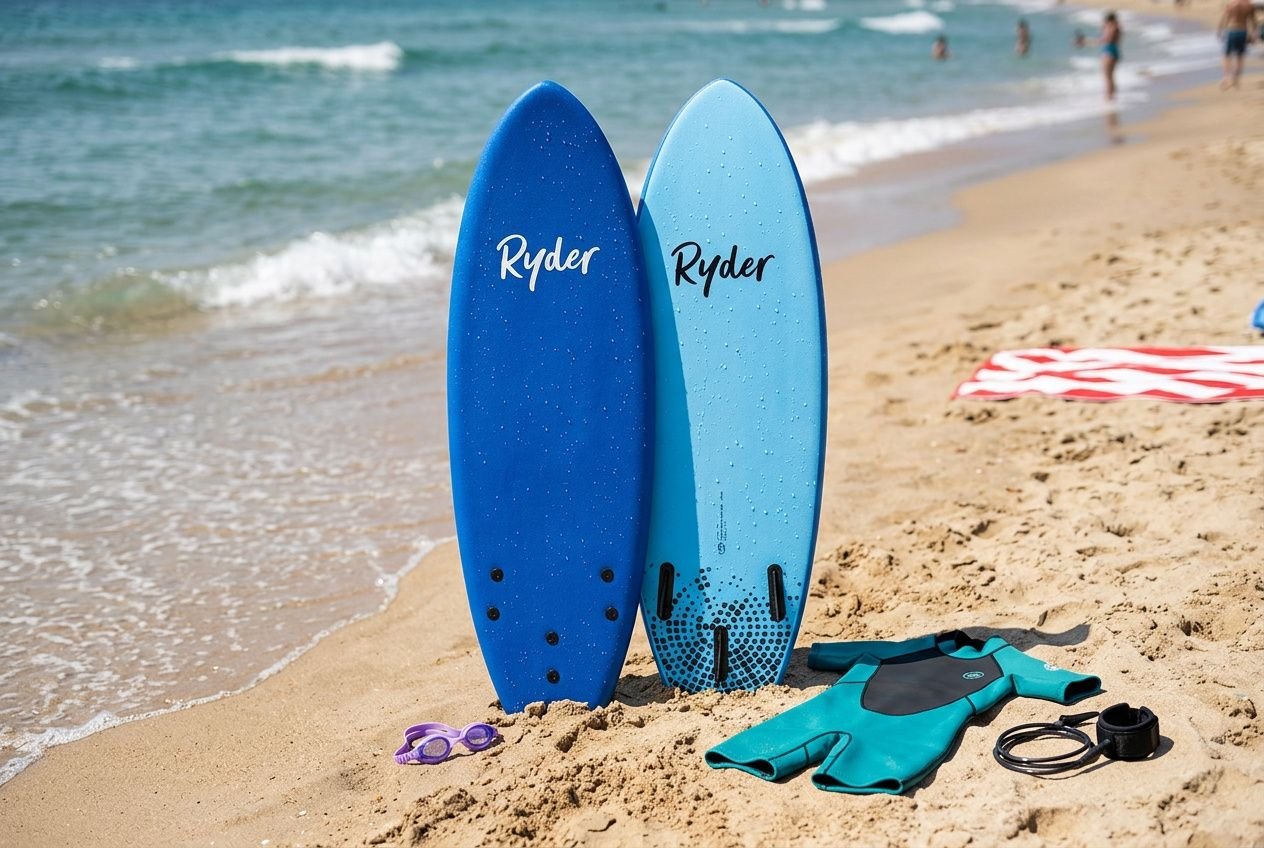 Deux planches de surf bleues plantées sur le sable, avec combinaison, gants et leash à proximité, accessoires surf enfant au bord de la plage.