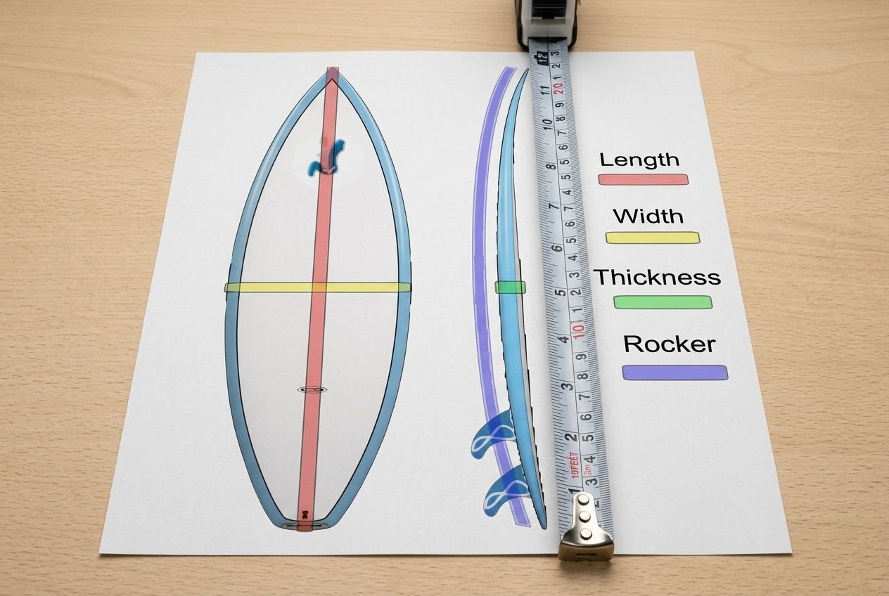 Diagram of a surfboard fin with a ruler showing measurements for length, width, thickness, and rocker. How to measure surfboard fin.