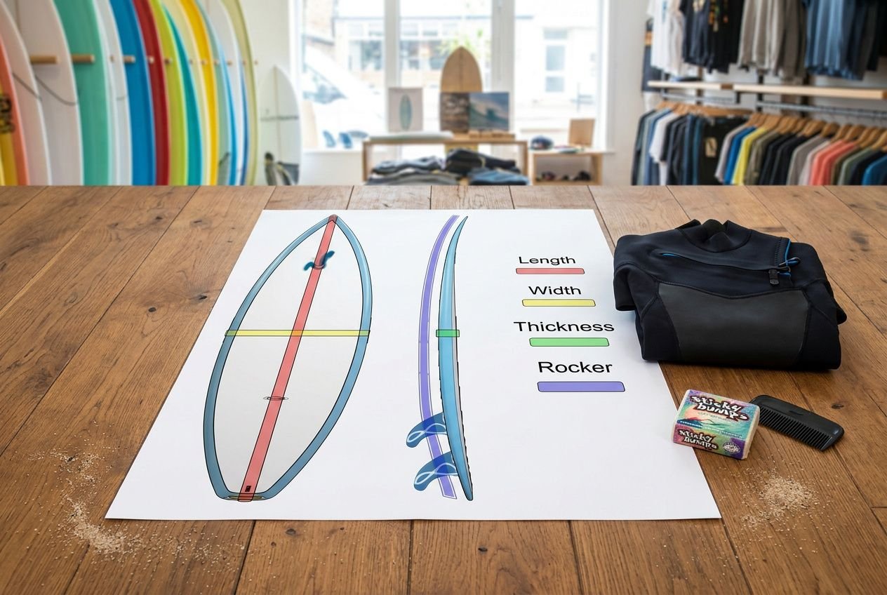 Diagram of surfboard shapes explained with labeled measurements (length, width, thickness, rocker) on a wooden table, plus surfwear and tools.