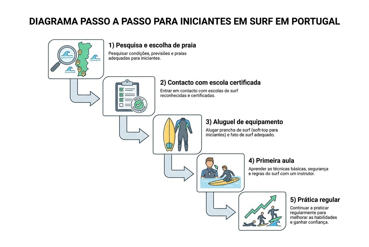 Diagrama passo a passo para iniciantes em surf em Portugal, com etapas: pesquisa de praias, escola certificada, aluguel de equipamento, primeira aula e prática regular para melhorar habilidades.
