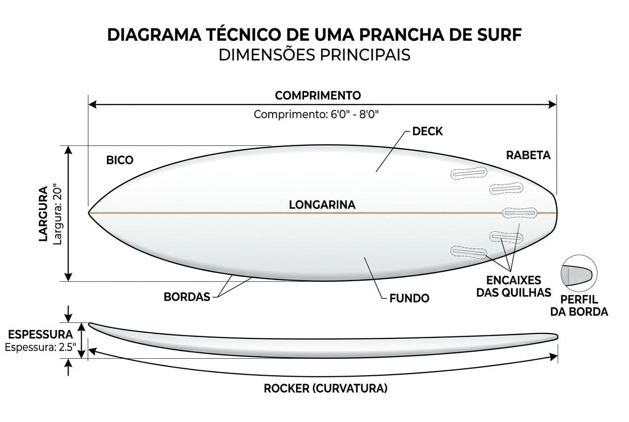 Diagrama técnico de prancha de surf com dimensões: comprimentos, largura, espessura, rocker e componentes (deck, bico, rabeta, bordas, fundo, encaixes das quilhas, perfil da borda). Relaciona medidas para iniciantes. como escolher prancha de surf iniciante