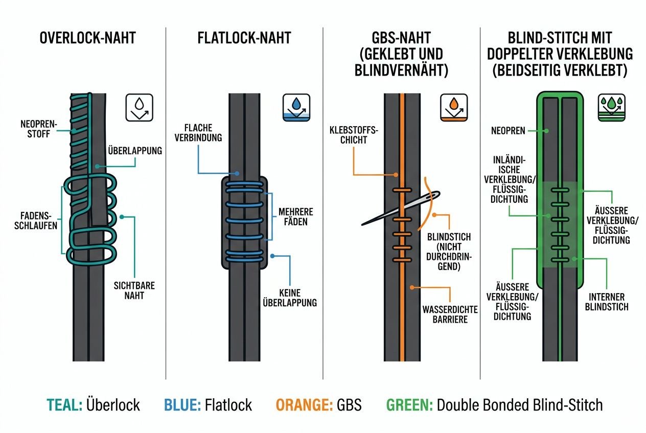 Diagramm: Verschiedene Nahtarten beim Neoprenanzug mit Bezeichnungen (Overlock, Flatlock, GBS, Blindstich) und Farbcodes.