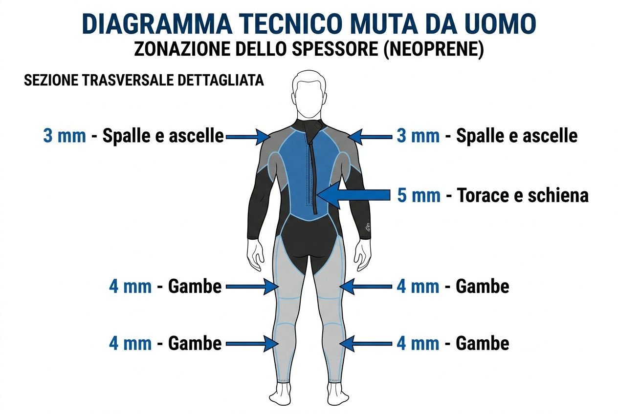 Diagramma tecnico muta da uomo: zonazione spessori neoprene (3–5 mm) su spalle, torace, braccia e gambe, per surf, sub e nuoto, con indicazioni sezioni. Muta neoprene uomo.