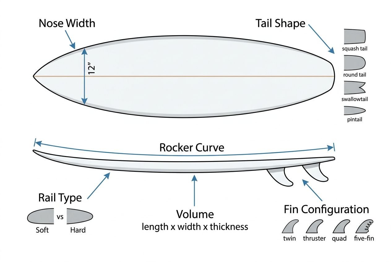 Difference between surfboard shapes: diagram showing nose width, tail shape, rocker curve, rail type, volume, and fin configurations.