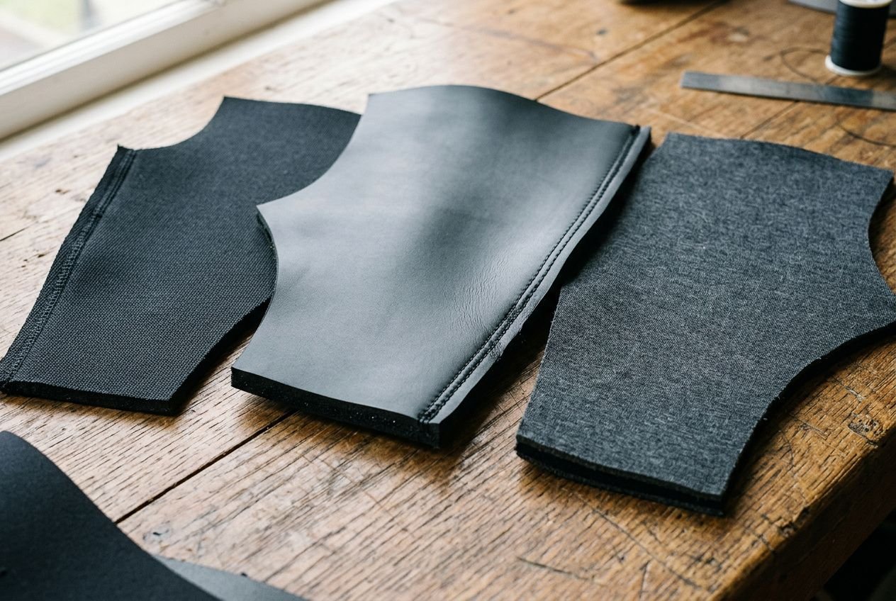Different wetsuit material swatches laid out on a wooden workbench, showing open- and closed-cell neoprene pieces with fabric linings.