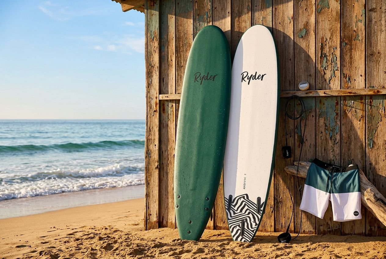 Dois pranchões de surf encostados numa parede de madeira na praia, com o mar ao fundo; ao lado há uma bolsa e acessórios, representando equipamento surf iniciante.