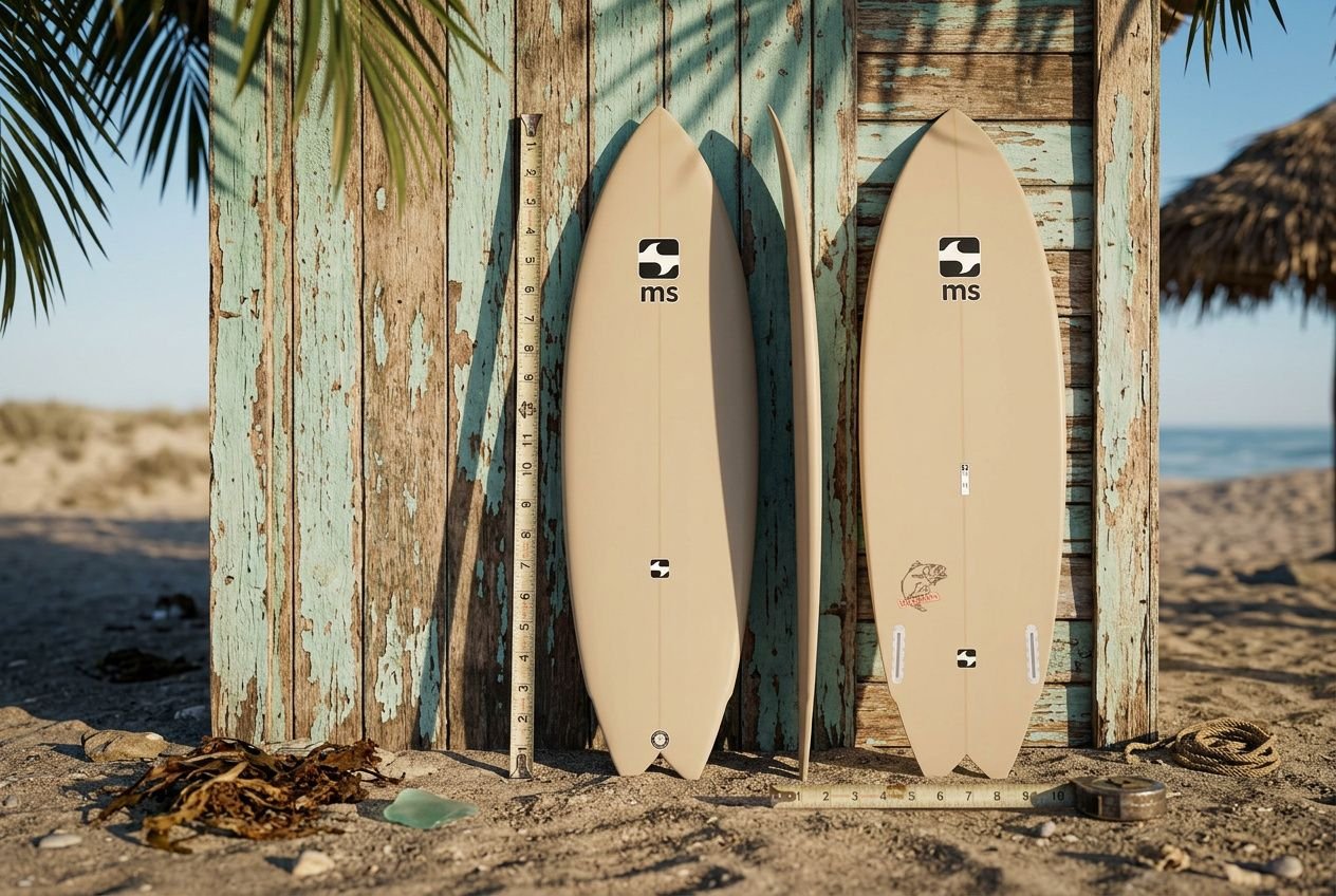 Dos tablas de surf apoyadas against una pared de madera en la playa, junto a una regla de medición; guía para saber qué tamaño de tabla de surf comprar.