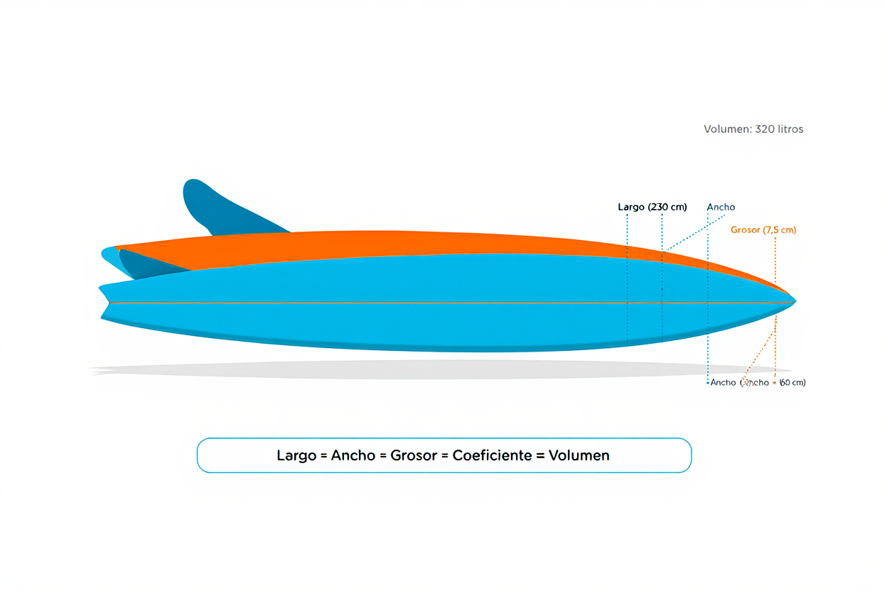 Esquema de una tabla de surf: volumen 320 litros indicado; dimensiones Largo, Ancho y Grosor señaladas para explicar volumen y proporciones.