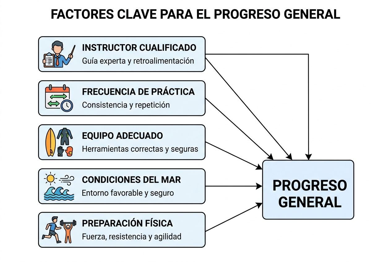 Factores clave para el progreso general en surf, mostrando elementos como instructor cualificado, frecuencia de práctica, equipo adecuado, condiciones del mar y preparación física, relacionados con cuánto tiempo se tarda en aprender a surfear.