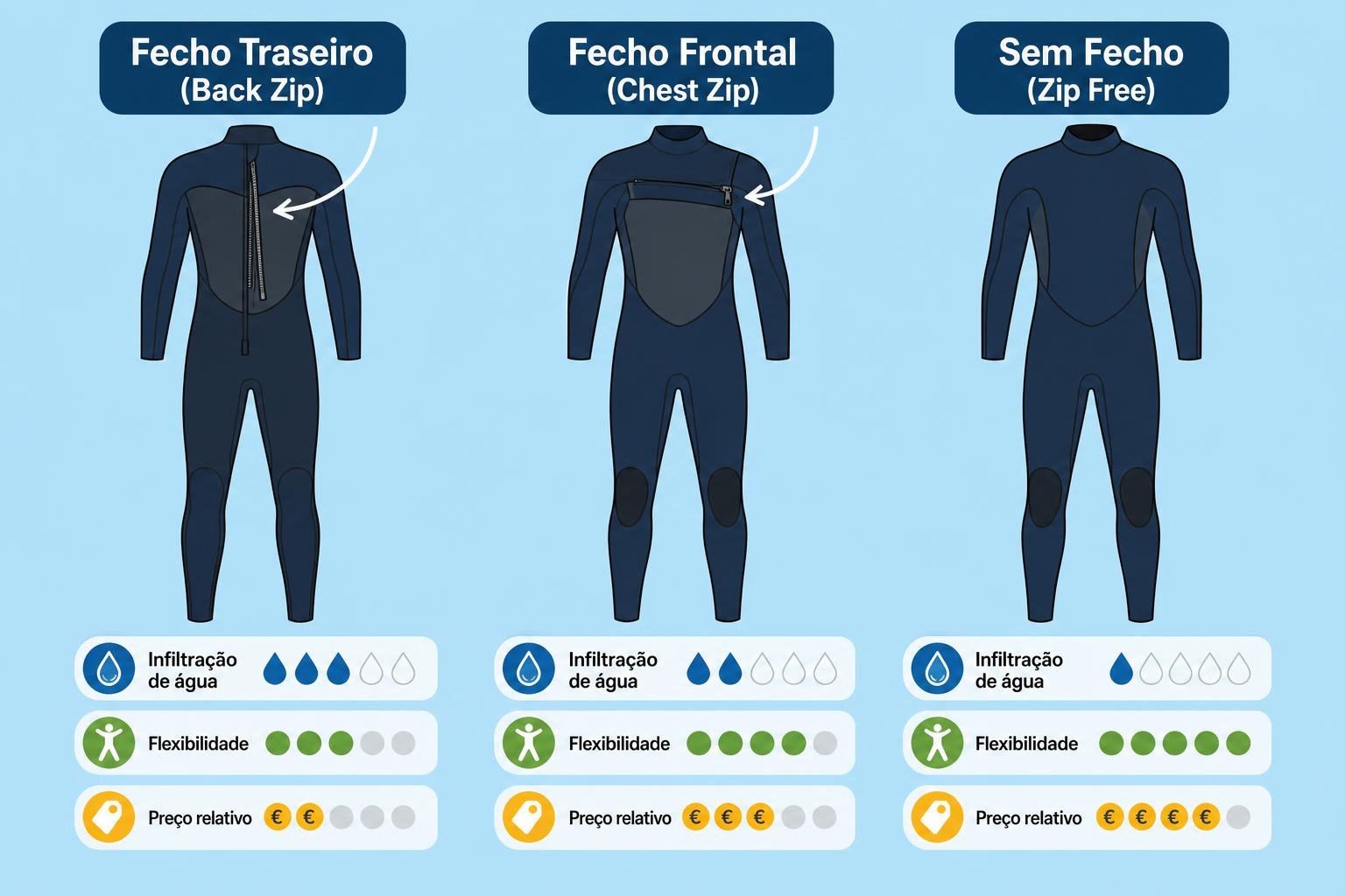 Figura com três modelos de fato de surf: traseiro com zíper, frontal com zíper e sem zíper; ícones de impermeabilidade, flexibilidade e preço relativo abaixo de cada um. Integrando o tema, descreve como escolher fato de surf.