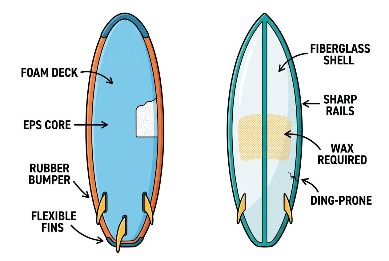 Foam deck soft top surfboard illustration with labeled parts: foam deck, EPS core, rubber bumper, and flexible fins on the left; fiberglass shell, sharp rails, wax, ding-prone area, and fins on the right. Is a soft top surfboard good for beginners context referenced.