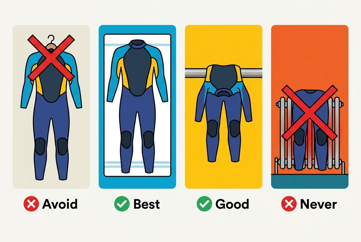 Four panels show wetsuit care tips: avoid hanging by the neck, best to hang to dry, good to air-dry in a well-ventilated area, never store wet or crumpled. Integrates how to take care of wetsuits.