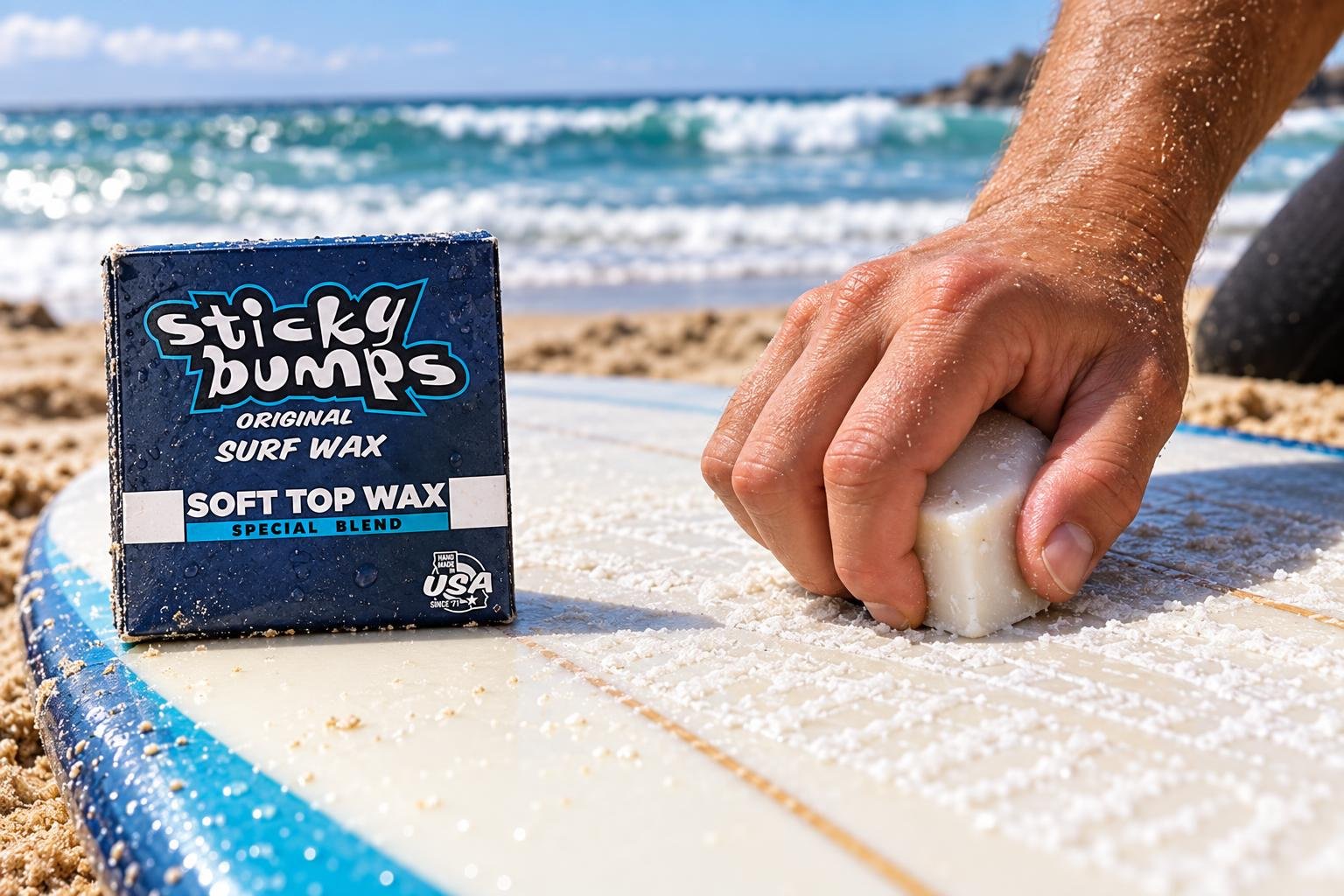Geste de frottage d’une sachet de wax sur une planche de surf posée sur le sable près de la mer.