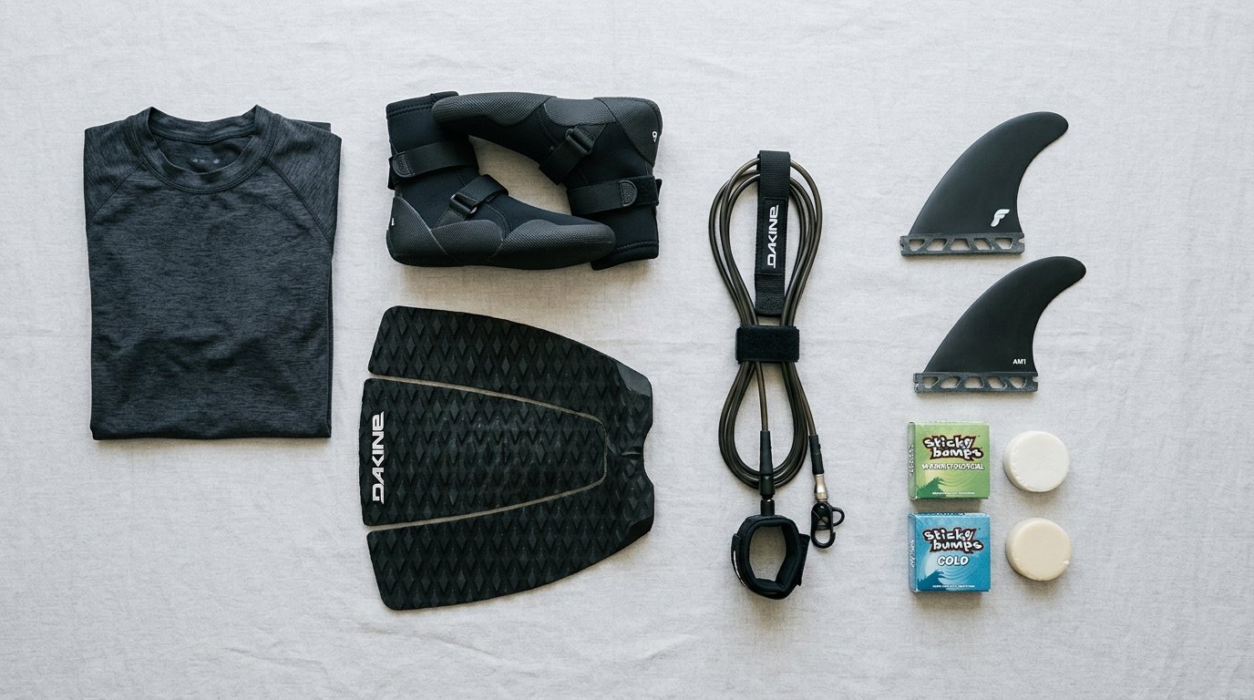 Gilet et accessoires de wakeboard et skimboard: vêtement gris, protections, boardshorts Dakine, corde et étriers, ailerons et wax dans une pochette, prêts pour session plage.