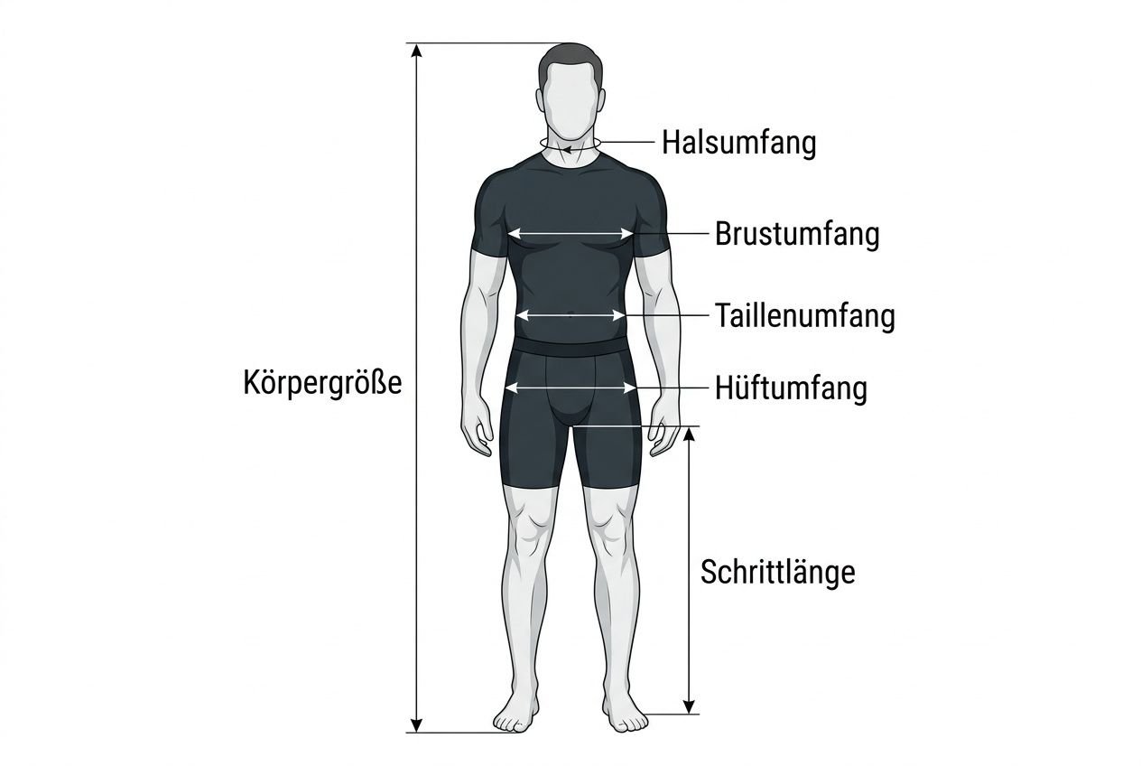 Größenübersicht eines Mannes mit Messpunkten: Halsumfang, Brustumfang, Taillenumfang, Hüftumfang, Schrittweite; Körpergröße und Beinlänge sichtbar. Fokus auf Passform eines neoprenanzug kaufen worauf achten.