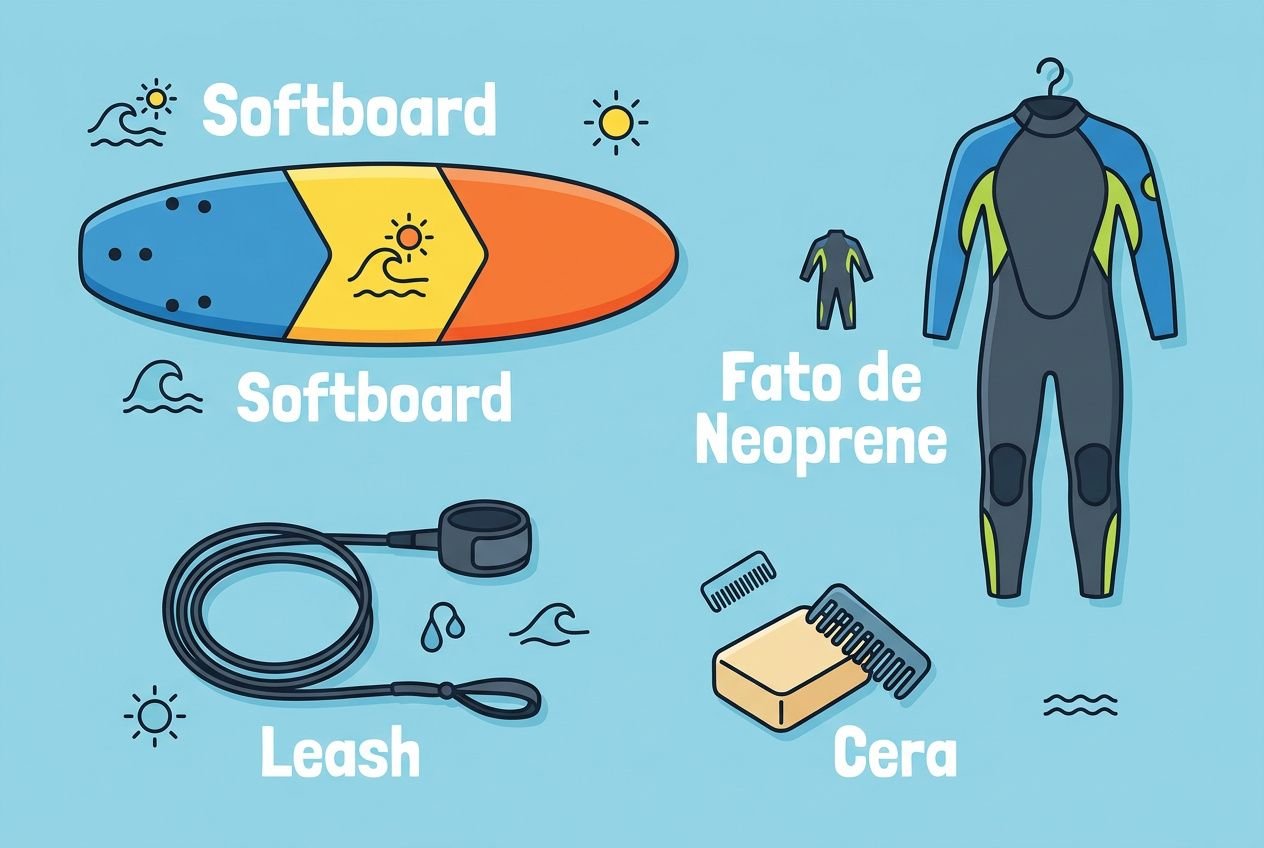 Guia completo iniciante surf: imagem ilustrada com prancha Softboard, traje de neoprene, leash, cera e pente de alisamento sobre fundo azul.