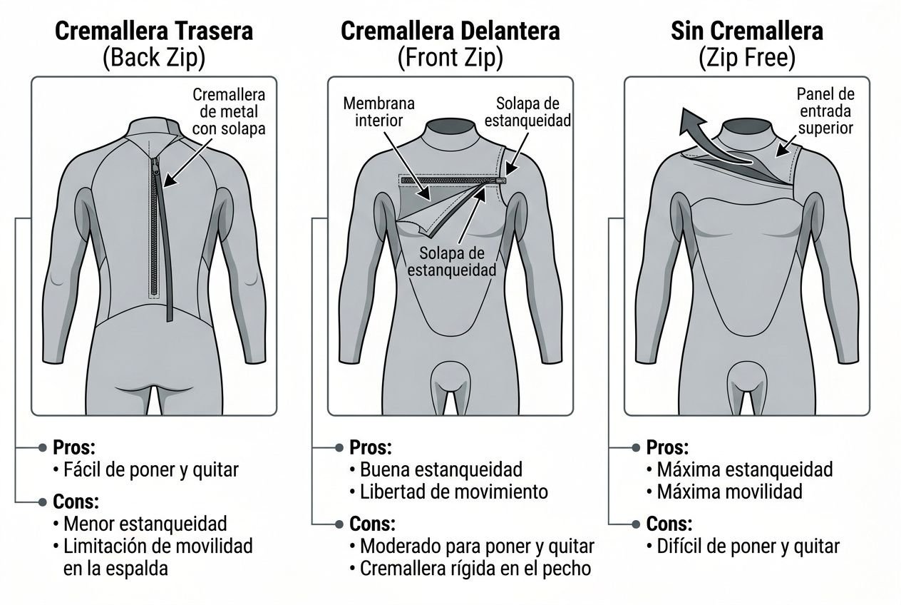 Guía visual de cremalleras en trajes de neopreno: Delanteras, traseras y sin cremallera, con pros y contras para elección. Cómo elegir neopreno surf.