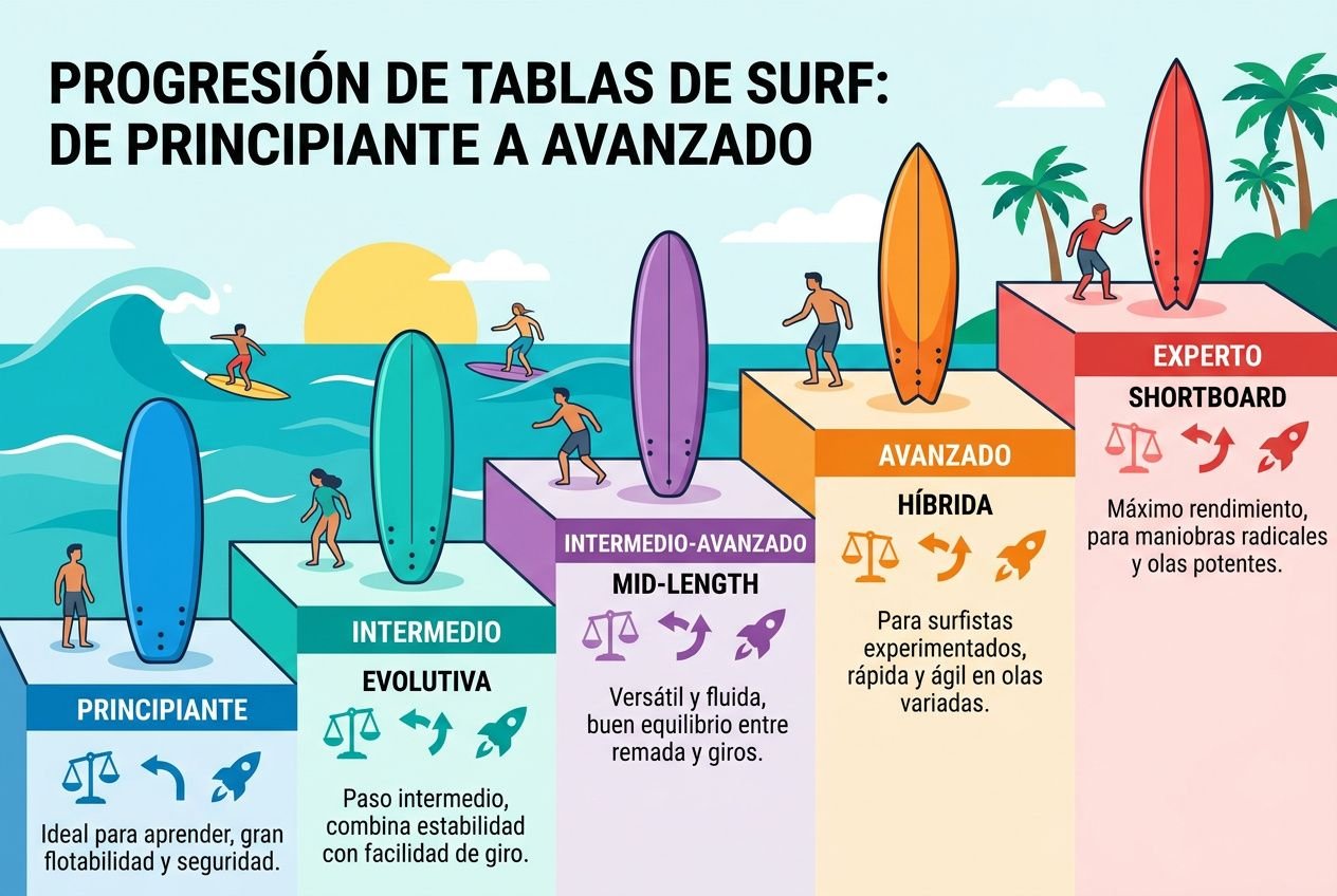 Guía visual de progresión en surf desde principiante hasta experto, con varias tablas y surfistas en cada nivel. Cómo elegir tabla de surf para cada etapa.
