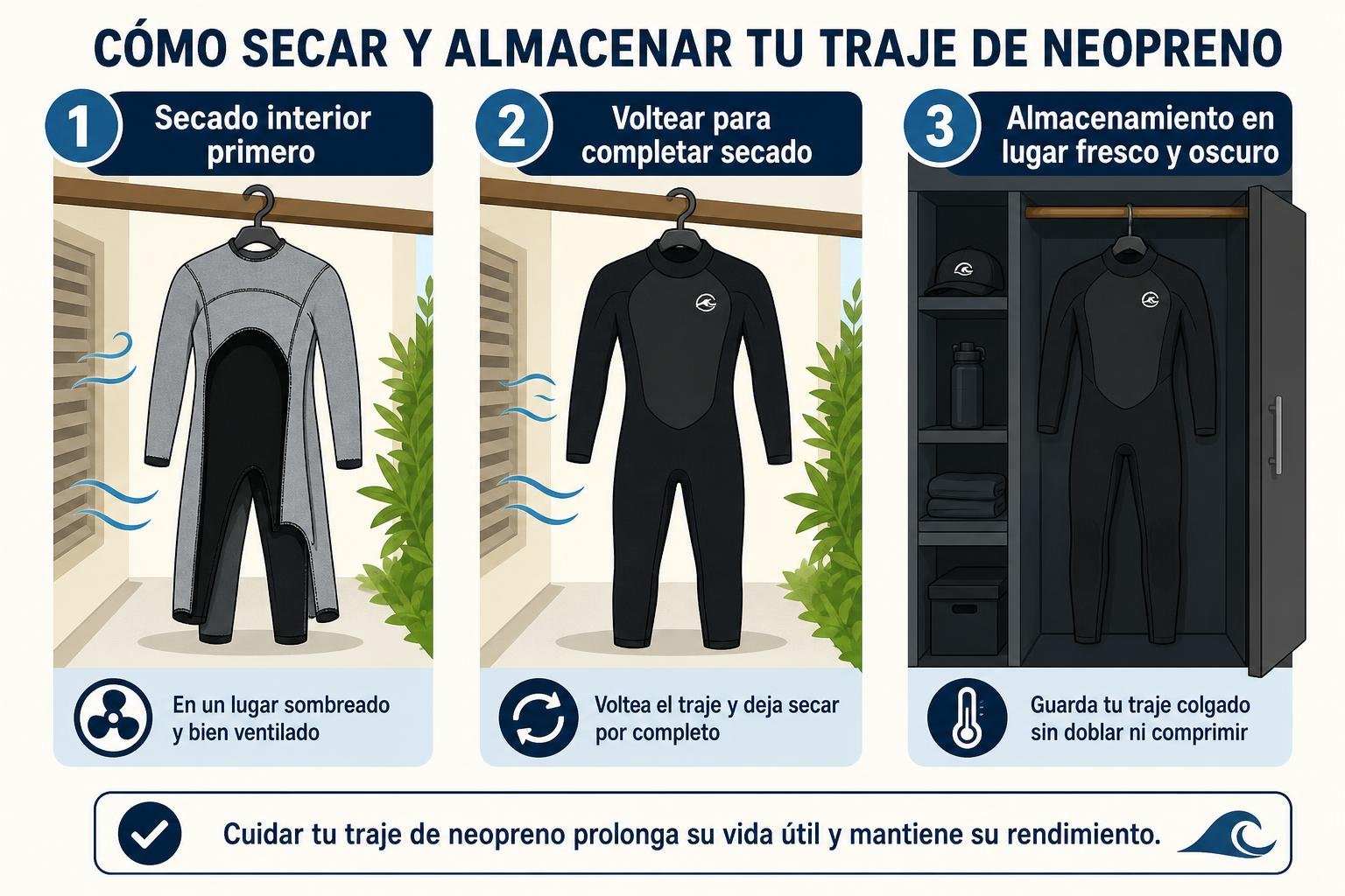 Guía visual: cómo secar y almacenar tu traje de neopreno, con tres pasos: secado interior, volteado para secado completo y almacenamiento en armario, para prolongar su vida útil.