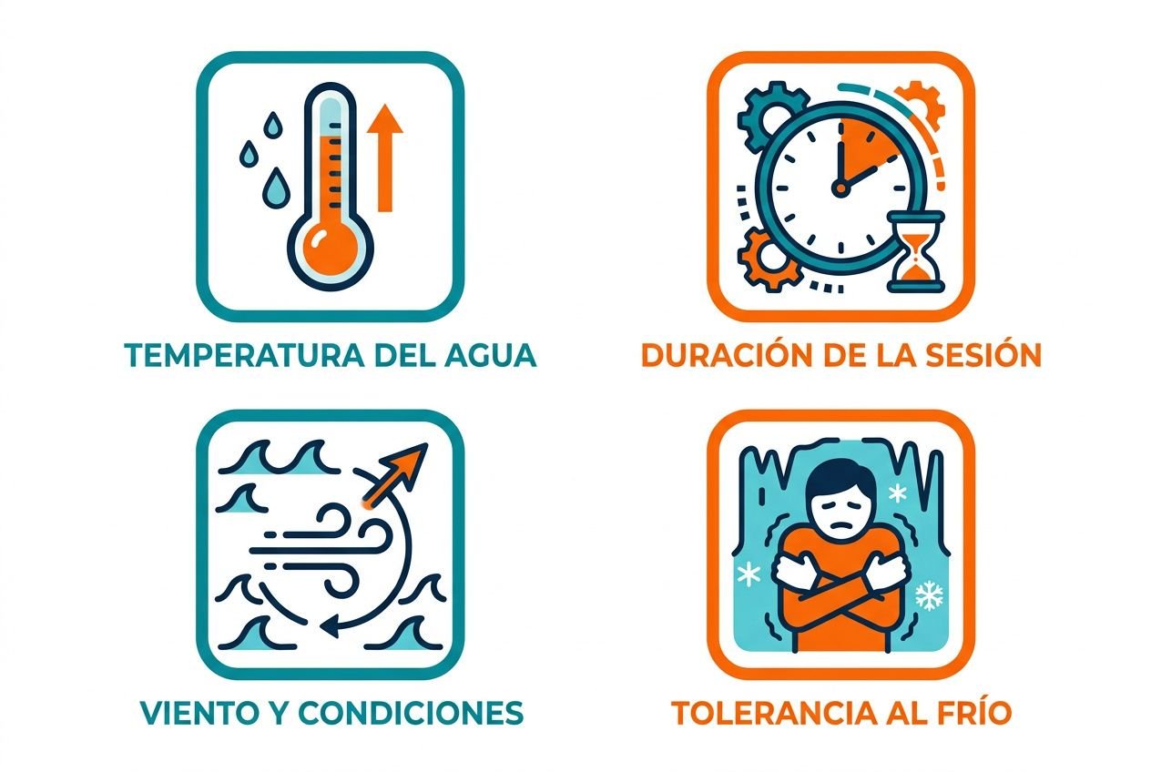 Guía visual sobre temperatura del agua, duración de la sesión, viento y condiciones, y tolerancia al frío para elegir el grosor del neopreno para surf.