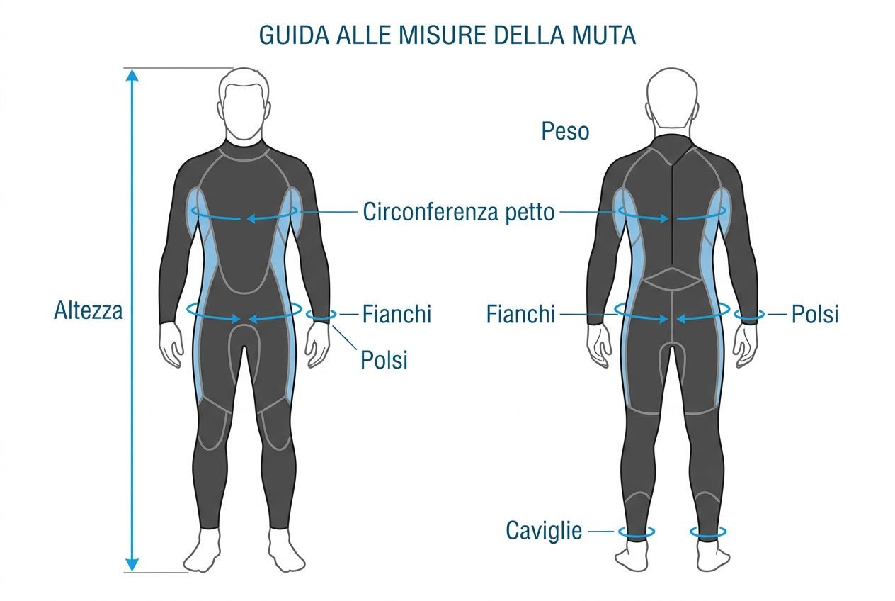 Guida alle misure della muta: figura frontale e posteriore con etichette di altezza, circonferenza petto, fianchi, polsi, polsi, caviglie e peso. quale muta scegliere per il surf integrate.