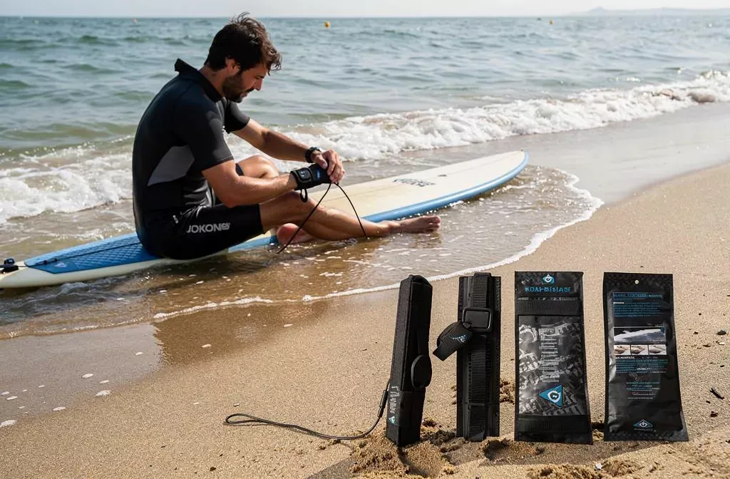 Hombre en la playa con tabla de surf, preparando equipo y accesorios que usan los surfistas junto a la orilla.