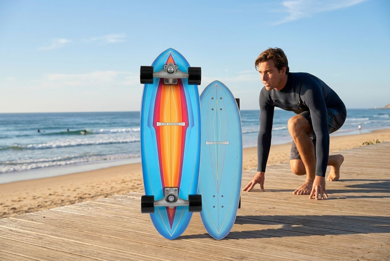 Homem em posição de preparação antes do treino, em uma praia, com duas pranchas de surfskate coloridas apoiadas na prancha de madeira. treino surfskate para surfers.