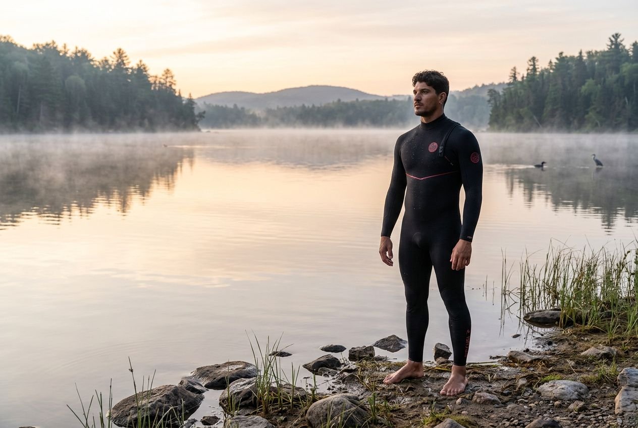 Homme en combinaison néoprène sur les berges d’un lac au cours d’une nage en eau libre, brume légère et horizon forestier. naison néoprène eau libre.