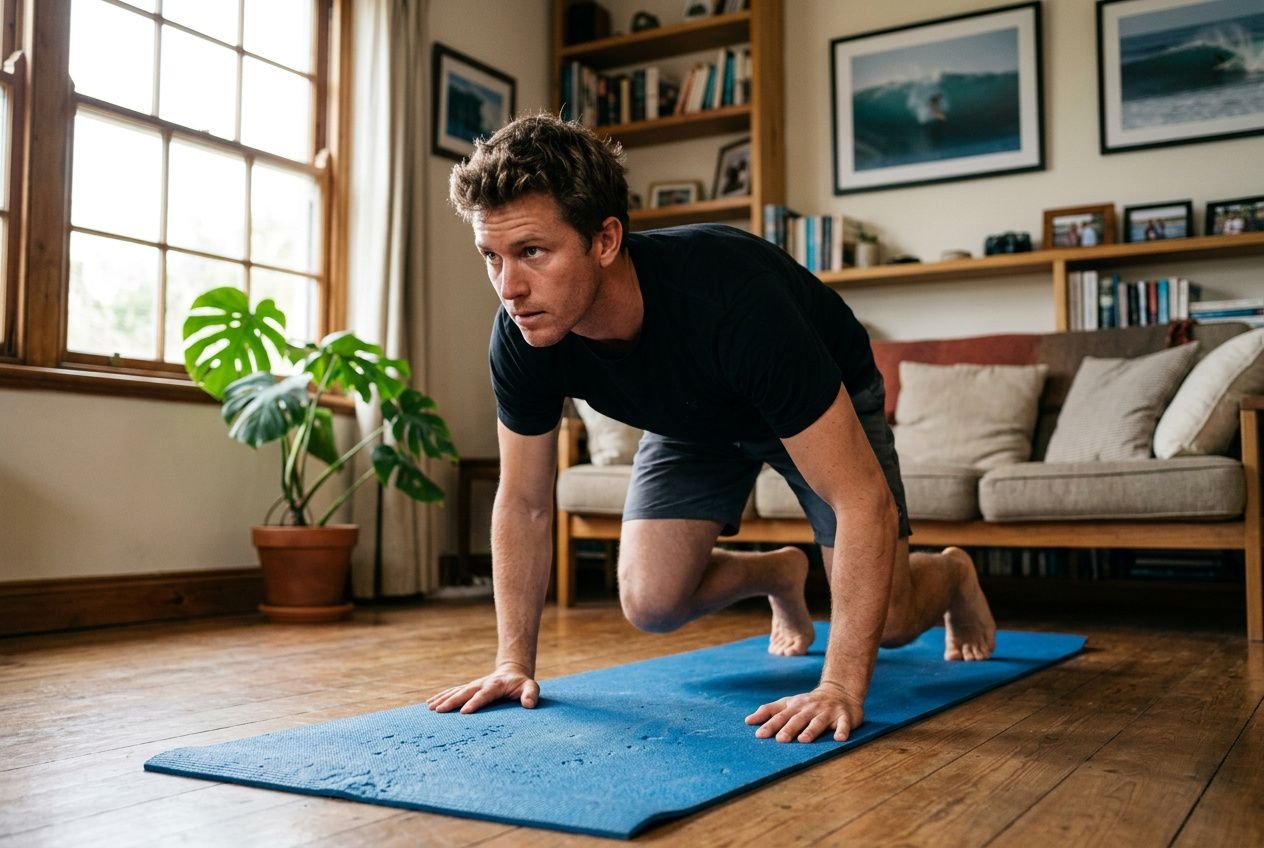 Homme en pleine séance d’entraînement surf hors de l'eau à domicile, sur un tapis de yoga bleu, en position quadrupède prête à avancer.