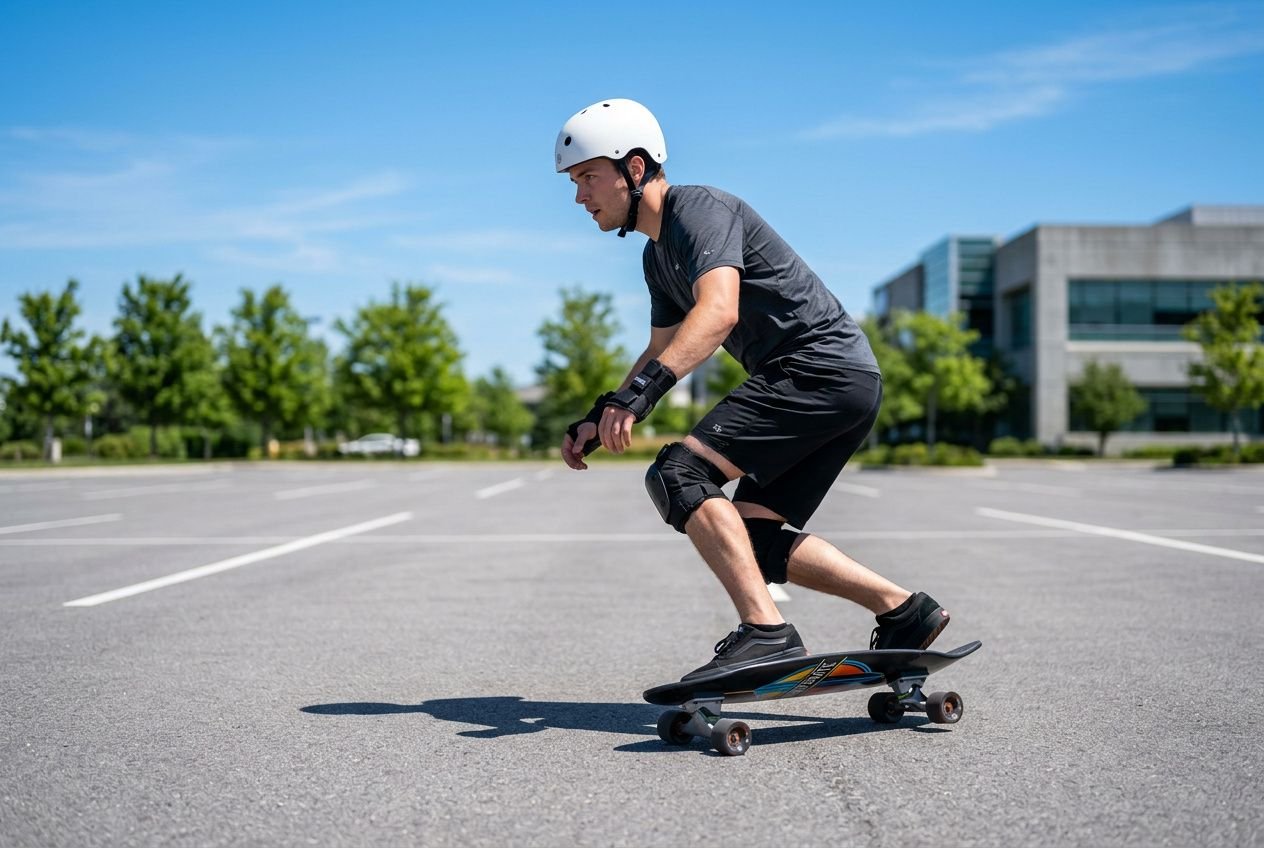 Homme portant casque pratique le surfskate en extérieur, en équilibre sur une planche, posture basse et stabilité sur un parking vide.