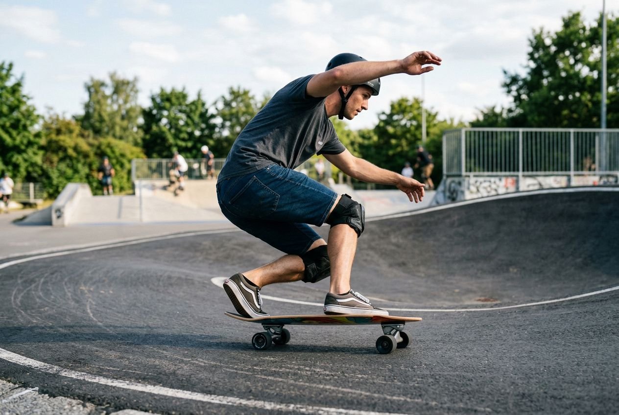 Homme pratiquant le surfskate sur une rampe extérieure, en position basse et en équilibre, chassant une trajectoire serrée. Progression en surfskate dans l’action.